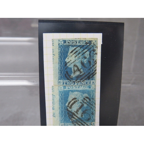 53 - QV USED 1841 2D BLUE STRIP, plate 4, with marginal inscription on piece