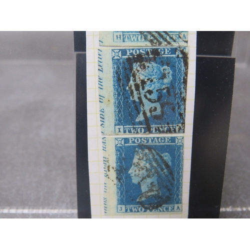 53 - QV USED 1841 2D BLUE STRIP, plate 4, with marginal inscription on piece