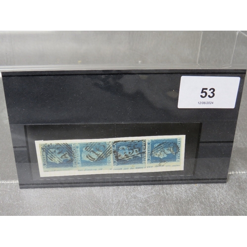 53 - QV USED 1841 2D BLUE STRIP, plate 4, with marginal inscription on piece