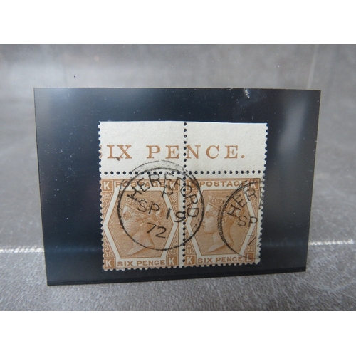 63 - QV A SUPERB USED PAIR OF 6D CHESTNUT, plate 11, marginal inscription 'SIX PENCE' Hereford Sept 19 18... 