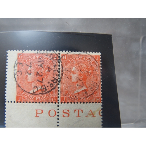 7 - QV FINE USED PAIR OF 4D VERMILLION, plate 12, marginal inscription