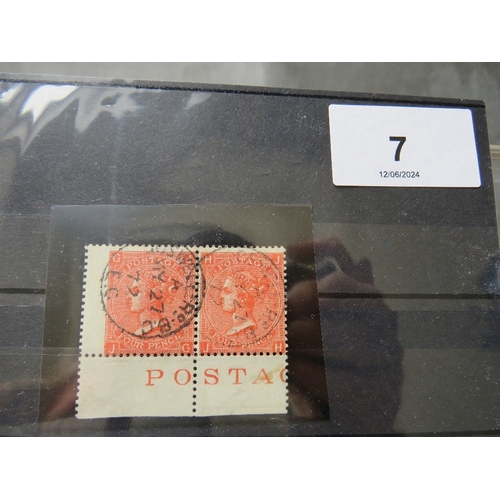 7 - QV FINE USED PAIR OF 4D VERMILLION, plate 12, marginal inscription