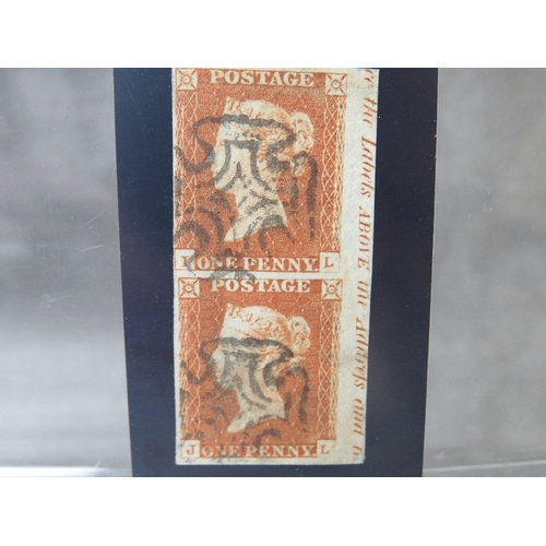 97 - QV FINE USED 1D RED PAIR, plate 21, imperfs, with marginal inscription