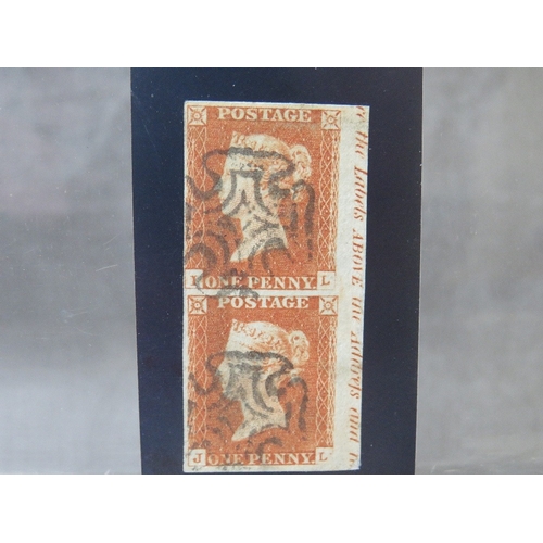 97 - QV FINE USED 1D RED PAIR, plate 21, imperfs, with marginal inscription