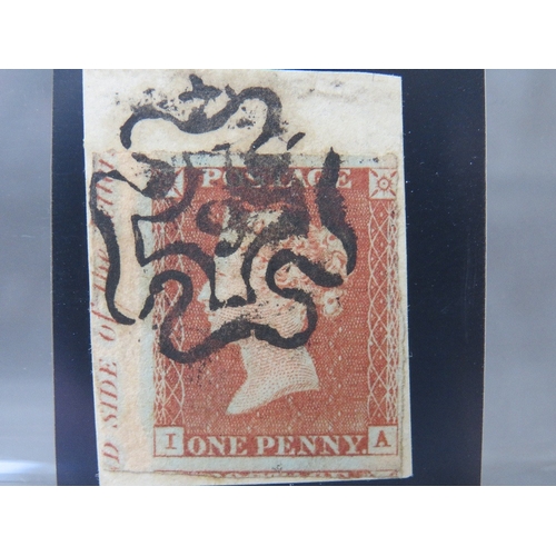 99 - QV NICE 1D RED, imperf on piece, London number 9 in cross, marginal inscription