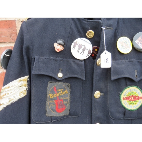 359 - A VINTAGE BEATLES THEMED JACKET, with various badges and patches attached