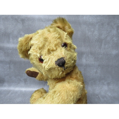 366 - A MID CENTURY VINTAGE MOHAIR  TEDDY BEAR WITH BELLS TO EARS, fully jointed, velvet pads, H 39 cm