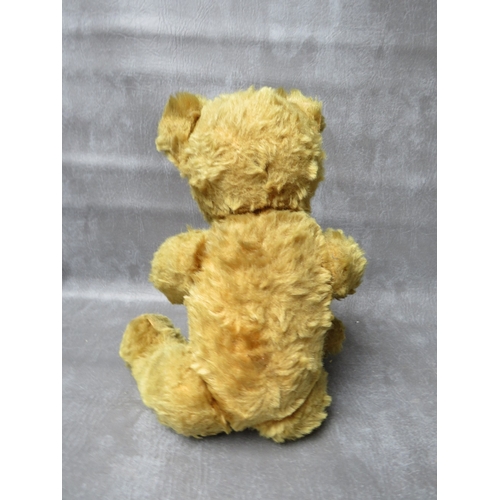 366 - A MID CENTURY VINTAGE MOHAIR  TEDDY BEAR WITH BELLS TO EARS, fully jointed, velvet pads, H 39 cm