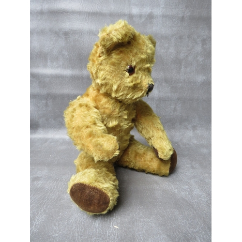 366 - A MID CENTURY VINTAGE MOHAIR  TEDDY BEAR WITH BELLS TO EARS, fully jointed, velvet pads, H 39 cm