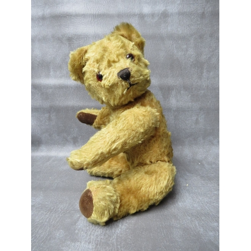 366 - A MID CENTURY VINTAGE MOHAIR  TEDDY BEAR WITH BELLS TO EARS, fully jointed, velvet pads, H 39 cm