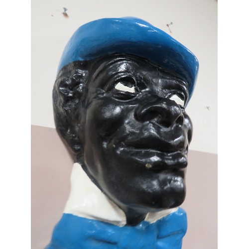 494 - A VINTAGE FIBREGLASS TYPE GENTLEMAN WALL BUST, wearing a blue bowler type hat, H 56 cm