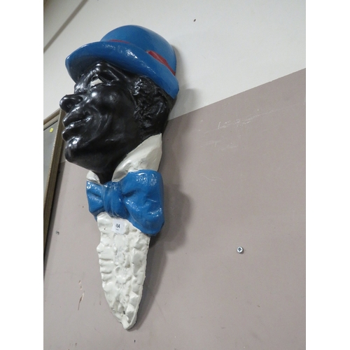 494 - A VINTAGE FIBREGLASS TYPE GENTLEMAN WALL BUST, wearing a blue bowler type hat, H 56 cm