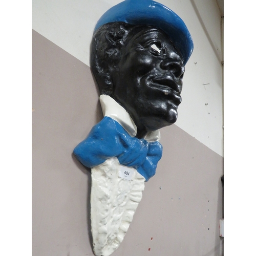 494 - A VINTAGE FIBREGLASS TYPE GENTLEMAN WALL BUST, wearing a blue bowler type hat, H 56 cm