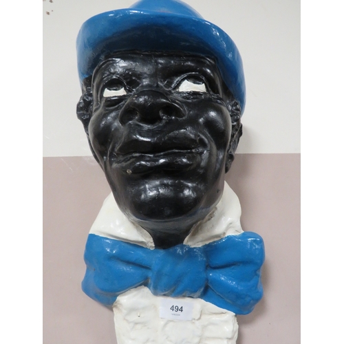 494 - A VINTAGE FIBREGLASS TYPE GENTLEMAN WALL BUST, wearing a blue bowler type hat, H 56 cm