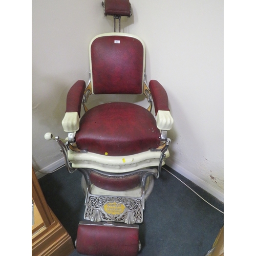 512 - AN AMERICAN VINTAGE CAST AND LEATHER BARBERS CHAIR - KOKEN COMPANIES ST. LOUIS USA, with adjustabel ... 