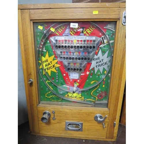 519 - A RUFFLER & WALKER 'THE HAT TRICK' WALL MOUNTED PENNY ARCADE GAME, oak cased with glazed front, comp... 