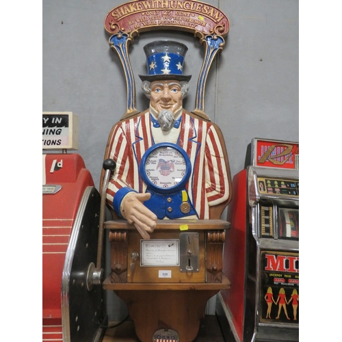 529 - A VINTAGE 'SHAKE WITH UNCLE SAM' COIN OPERATED ARCADE MACHINE, cast iron bust and fittings on a wood... 