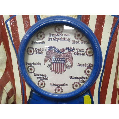 529 - A VINTAGE 'SHAKE WITH UNCLE SAM' COIN OPERATED ARCADE MACHINE, cast iron bust and fittings on a wood... 