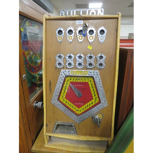 532 - A VINTAGE BRYANS BULLION COIN OPERATED SLOT GAMING MACHINE, wooden cased with chromed details, 83 x ... 