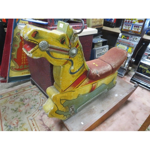 537 - A FAIRGROUND PAINTED WOODEN CAROUSEL HORSE, with polychrome decoration, on later wood rocker, base L... 