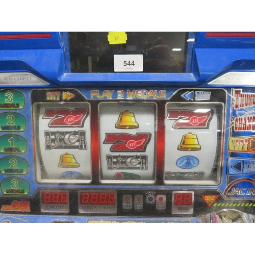 544 - A JAPANESE ELECTRONIC 'THUNDERBIRDS' THREE REEL TABLE TOP FRUIT MACHINE, set for token operation, H ... 