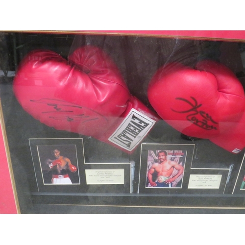 308 - FOUR FRAMED AMERICAN HEAVYWEIGHT WORLD CHAMPION SIGNED BOXING GLOVES, to include Joe Frazier, George... 