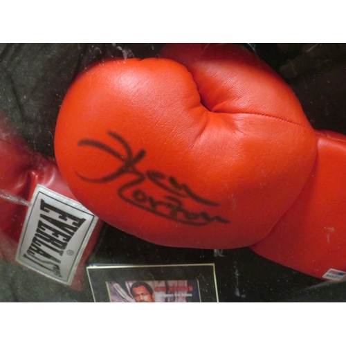 308 - FOUR FRAMED AMERICAN HEAVYWEIGHT WORLD CHAMPION SIGNED BOXING GLOVES, to include Joe Frazier, George... 