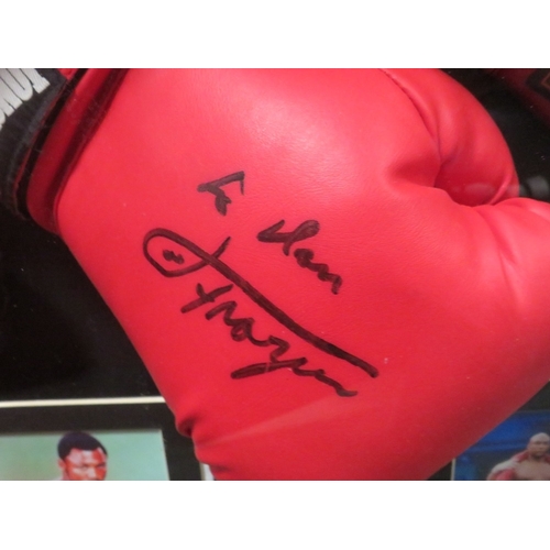 308 - FOUR FRAMED AMERICAN HEAVYWEIGHT WORLD CHAMPION SIGNED BOXING GLOVES, to include Joe Frazier, George... 