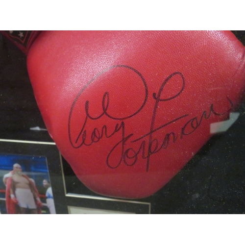 308 - FOUR FRAMED AMERICAN HEAVYWEIGHT WORLD CHAMPION SIGNED BOXING GLOVES, to include Joe Frazier, George... 