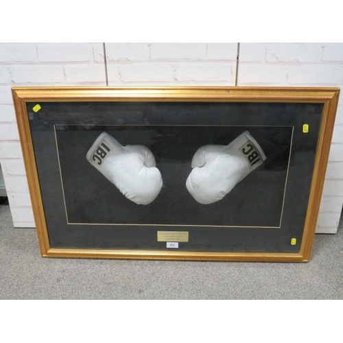 313 - A PAIR OF FRAMED BOXING GLOVES FROM A LONDON SHOW WITH MULTIPLE SIGNATURES, to include Terry Marsh, ... 