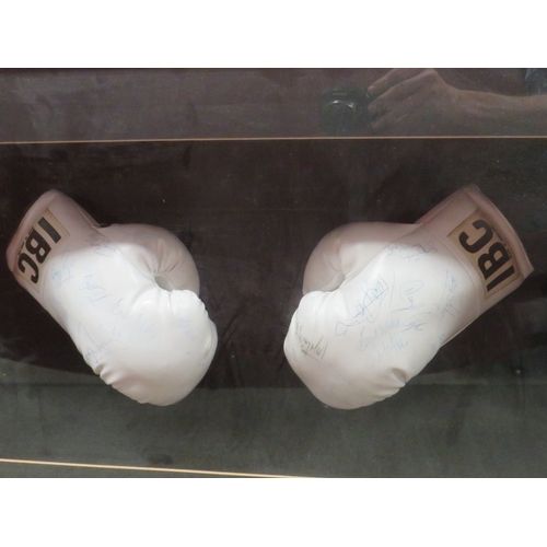 313 - A PAIR OF FRAMED BOXING GLOVES FROM A LONDON SHOW WITH MULTIPLE SIGNATURES, to include Terry Marsh, ... 