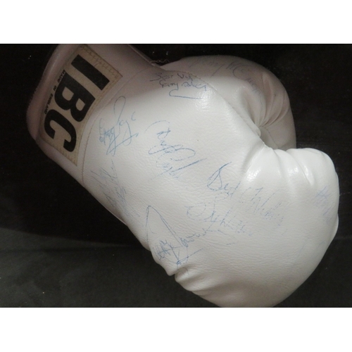 313 - A PAIR OF FRAMED BOXING GLOVES FROM A LONDON SHOW WITH MULTIPLE SIGNATURES, to include Terry Marsh, ... 