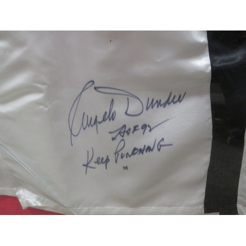 317 - A PAIR OF FRAMED BOXING SHORTS AND A PICUTRE OF MUHAMMAD ALI, both signed by trainer Angelo Dundee, ... 