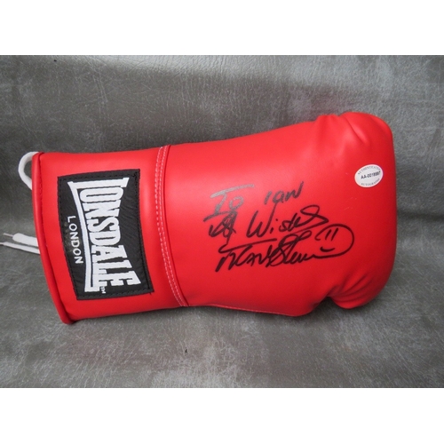 318 - THREE SIGNED BOXING GLOVES, to include Frank Bruno, Riddick Bowe and Ernie Terrell