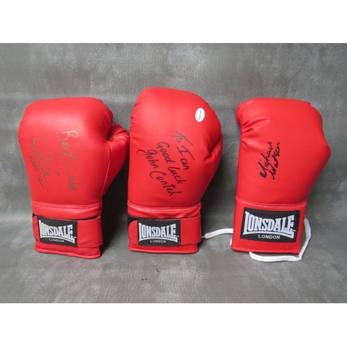 319 - THREE SIGNED BOXING GLOVES, to include Amir Khan, Michael Watson and John Conteh