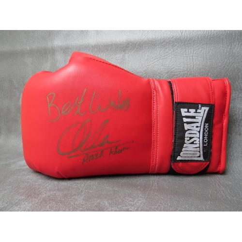 319 - THREE SIGNED BOXING GLOVES, to include Amir Khan, Michael Watson and John Conteh