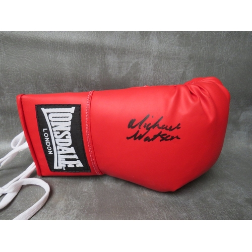 319 - THREE SIGNED BOXING GLOVES, to include Amir Khan, Michael Watson and John Conteh