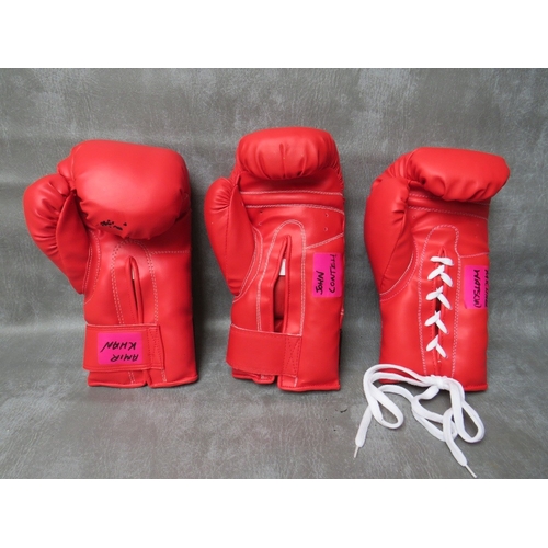 319 - THREE SIGNED BOXING GLOVES, to include Amir Khan, Michael Watson and John Conteh