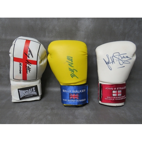 320 - THREE SIGNED BOXING GLOVES, to include Ricky Hatton, John H Stracey and Billy Walker