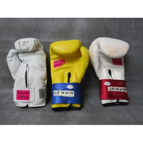 320 - THREE SIGNED BOXING GLOVES, to include Ricky Hatton, John H Stracey and Billy Walker