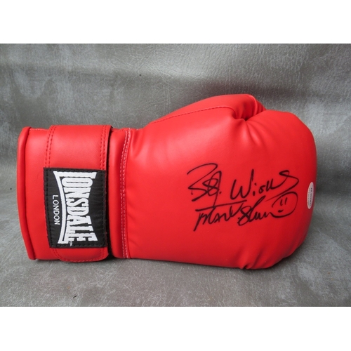 321 - THREE SIGNED BOXING GLOVES, to include Lennox Lewis, Frank Bruno and Johnny Nelson