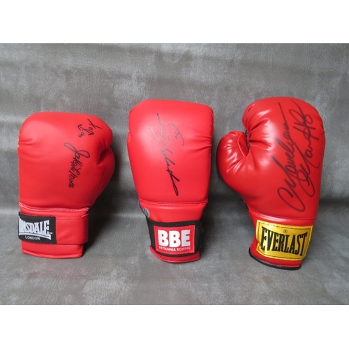 322 - THREE SIGNED BOXING GLOVES, to include Ray Leonard, Marvin Hagler and Jake La Motta