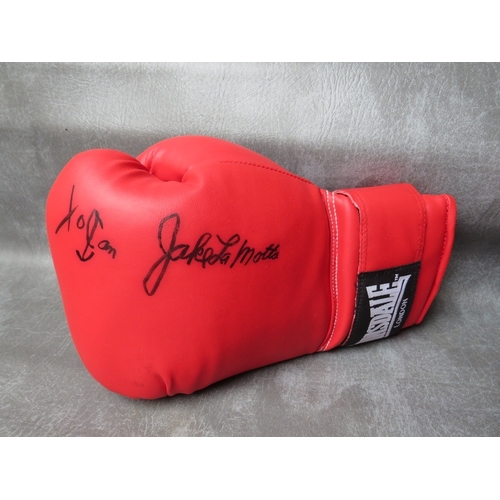 322 - THREE SIGNED BOXING GLOVES, to include Ray Leonard, Marvin Hagler and Jake La Motta