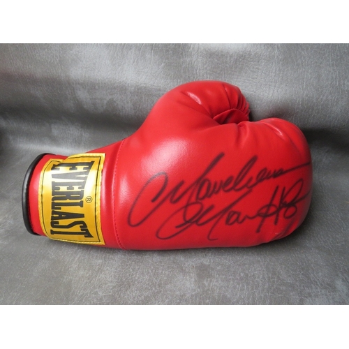 322 - THREE SIGNED BOXING GLOVES, to include Ray Leonard, Marvin Hagler and Jake La Motta