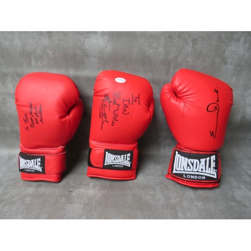 323 - THREE SIGNED BOXING GLOVES, to include Joe Calzaghe, Chris Eubank and Michael Watson