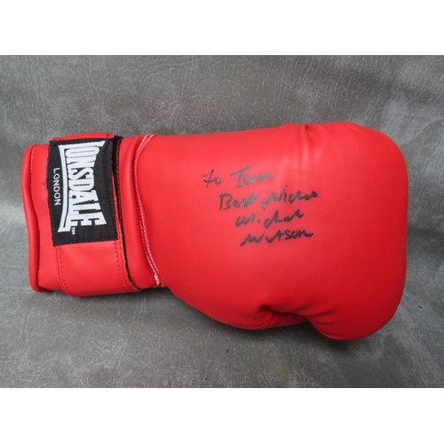 323 - THREE SIGNED BOXING GLOVES, to include Joe Calzaghe, Chris Eubank and Michael Watson