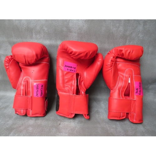 323 - THREE SIGNED BOXING GLOVES, to include Joe Calzaghe, Chris Eubank and Michael Watson