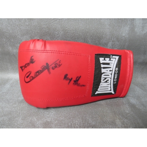 324 - THREE SIGNED BOXING GLOVES, to include Alan Minter, Dave Boy Green and Dave Courtney / Roy Shaw