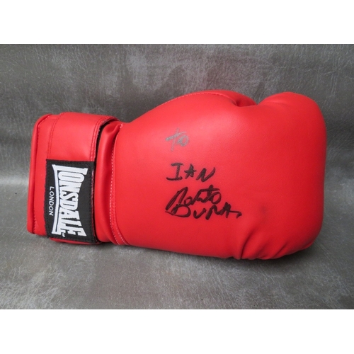 327 - THREE SIGNED BOXING GLOVES, to include Richie Woodhall, Nigel Benn and Roberto Duran