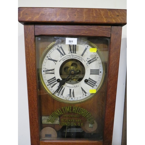 501 - A NATIONAL TIME RECORDER OAK CASED CLOCKING IN CLOCK, with visible clock movement, H 88 cm